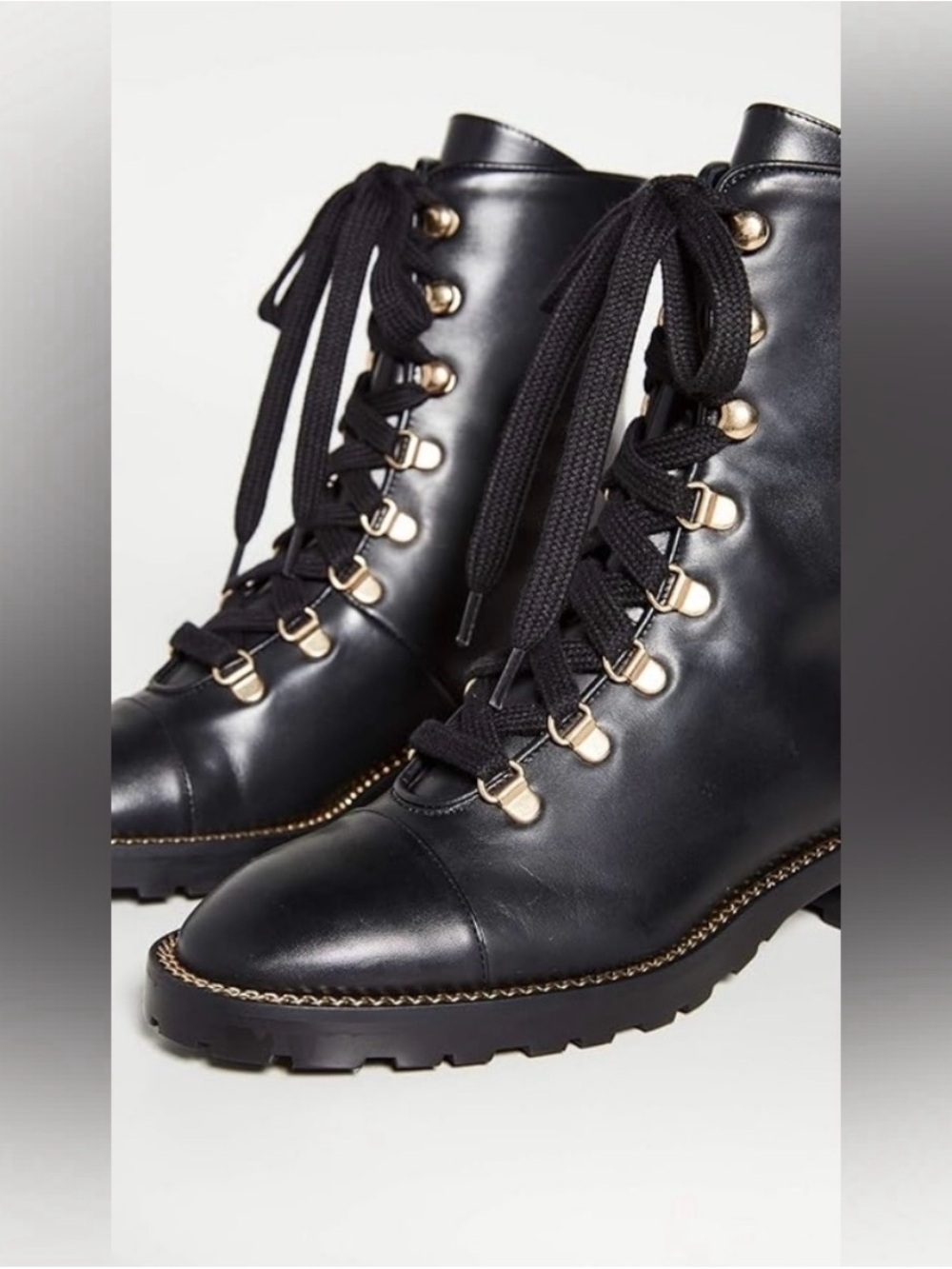 Brand new Stuart Weitzman Black Leather Lace-Up Combat Boots with Gold Hardware - Picture 6 of 9